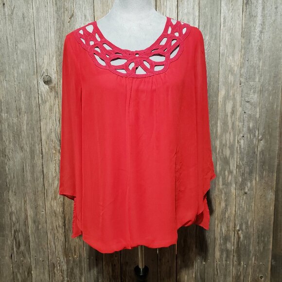 AB Studio XL Top Blouse Red Crochet Lace Neck Long Sleeve Pullover Chiffon - Picture 1 of 6